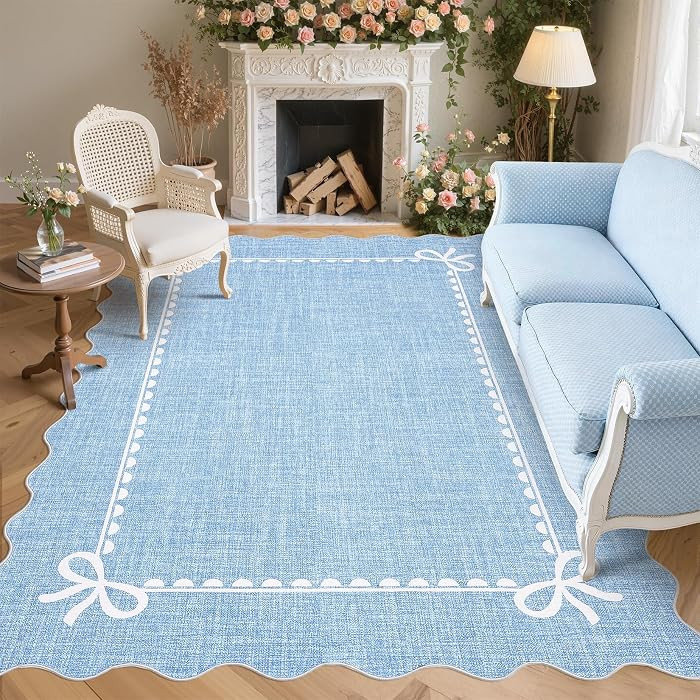 GarveeHome Scalloped Bow Rug for Living Room, Solid Blue Rug for Dorm, Washable Rugs 8x10 Soft Lo... | Amazon (US)