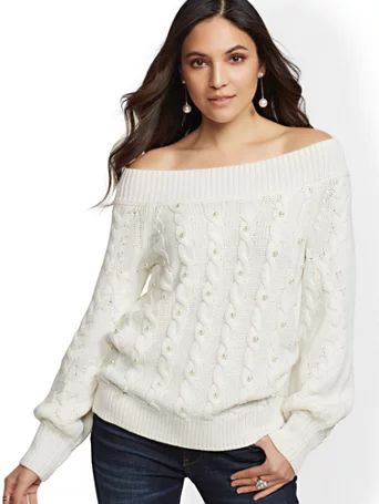 Ivory Faux-Pearl Off-The-Shoulder Sweater | New York & Company