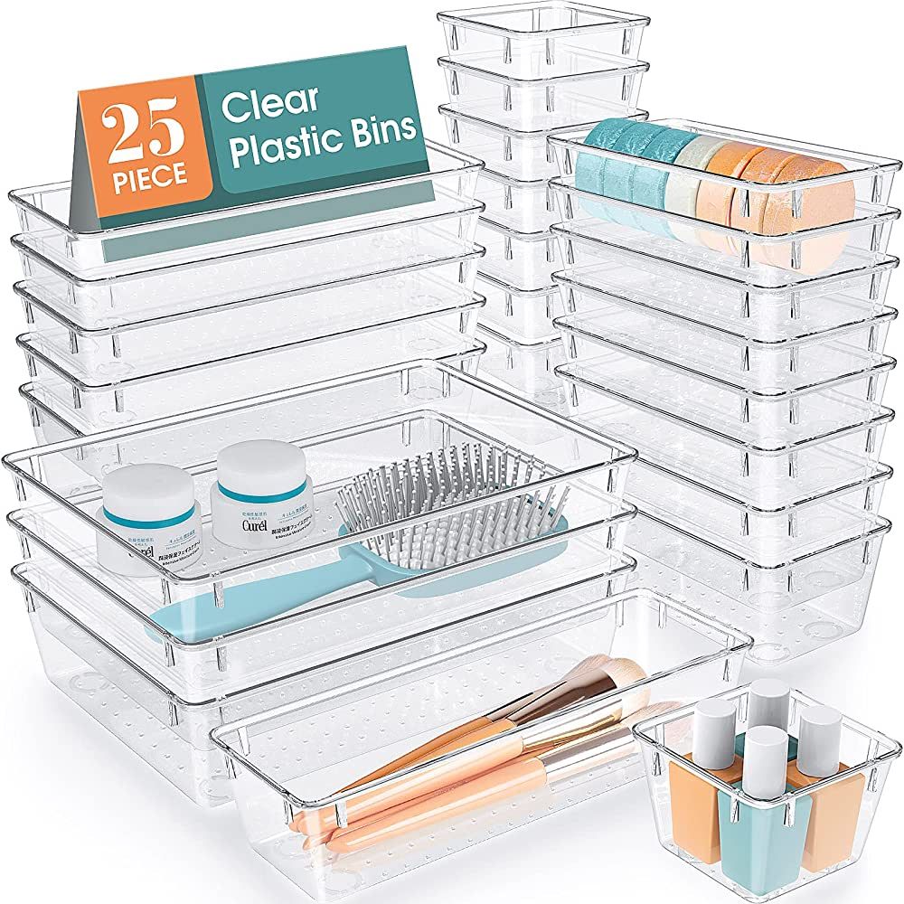 WOWBOX 25 PCS Clear Plastic Drawer Organizer Set, 4 Sizes Desk Drawer Divider Organizers and Stor... | Amazon (US)
