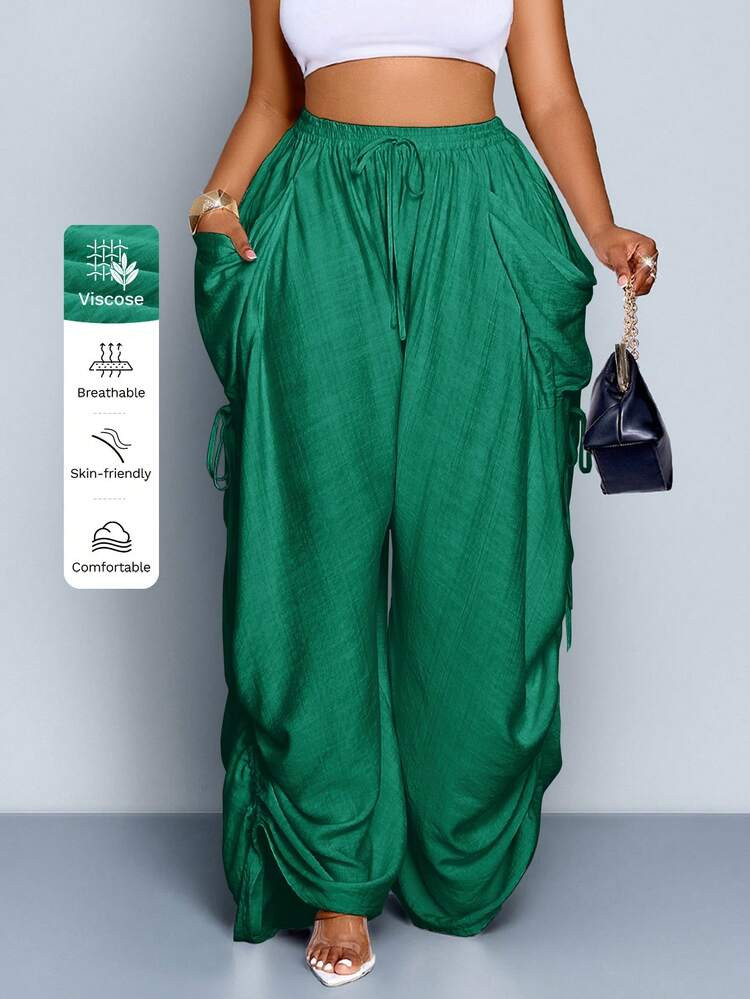 SOLERSUN Plus Size Women's Solid Color Waist Tie Pocket Wide Leg Pants | SHEIN | SHEIN