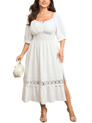 SHESTARR Womens Plus Size Maxi Dress Short Sleeve Square Neck Tie Front Smocked Empire Waist A Line Flowy Lace Trim Side Slit White | Amazon (US)