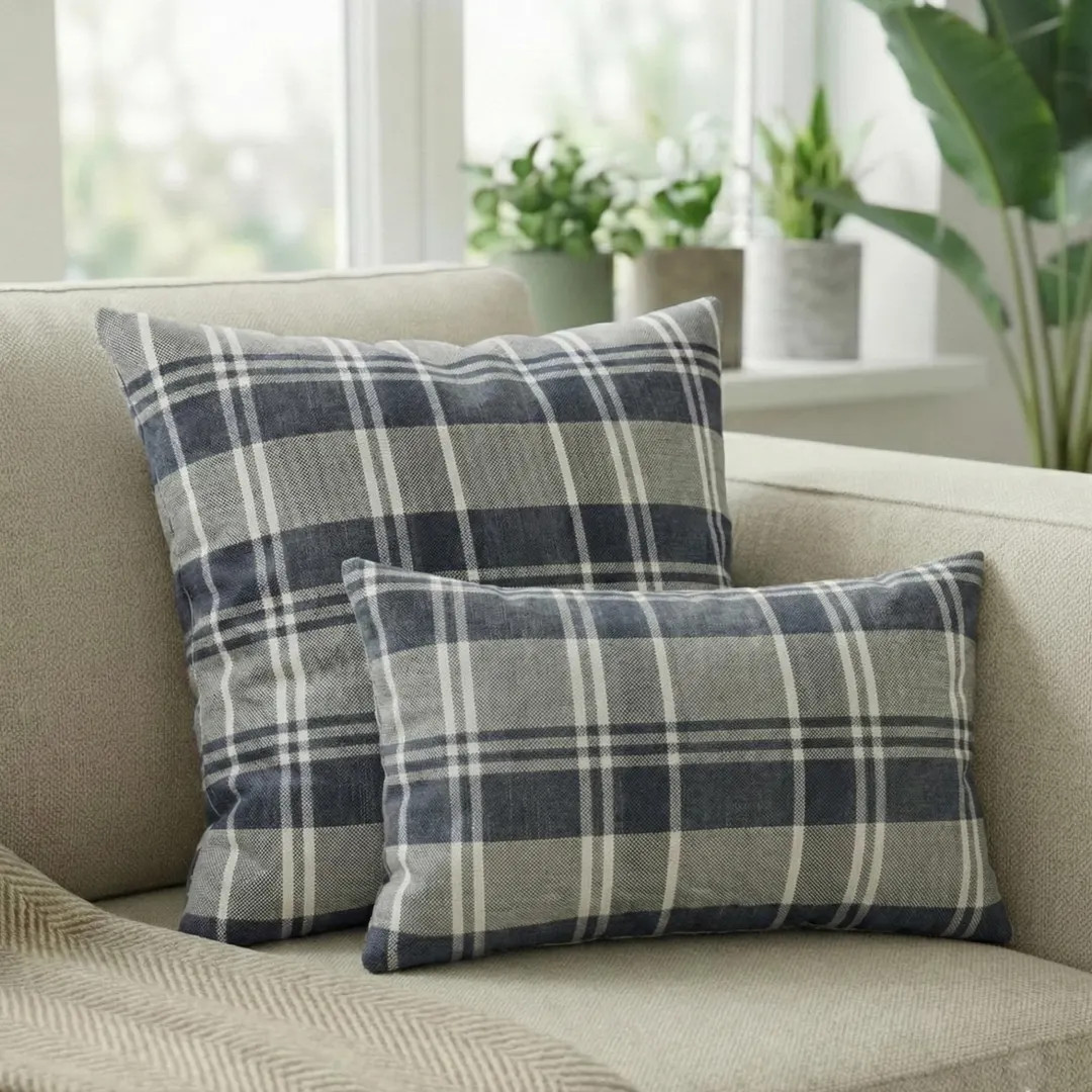 Navy Blue Plaid Linen Wool Pillow Cover, Navy Decorative Euro Sham & Cushion | Etsy (US)
