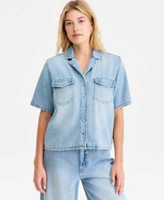 On 34th Women's Soft Denim Button-Front Short-Sleeve Shirt, Macy's Exclusive - Ziggy Wash | Macy's