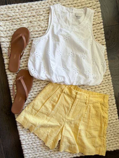 I’m loving this buttery yellow color for summer; these shorts are currently on sale. TTS I wear size 2. Tank size S. Sandals TTS. 

Shorts - Summer Outfit - White Eyelet Tank Top - Brown Flip Flops - Linen Shorts 

#shorts #flipflops  

#LTKShoeCrush #LTKSaleAlert #LTKStyleTip