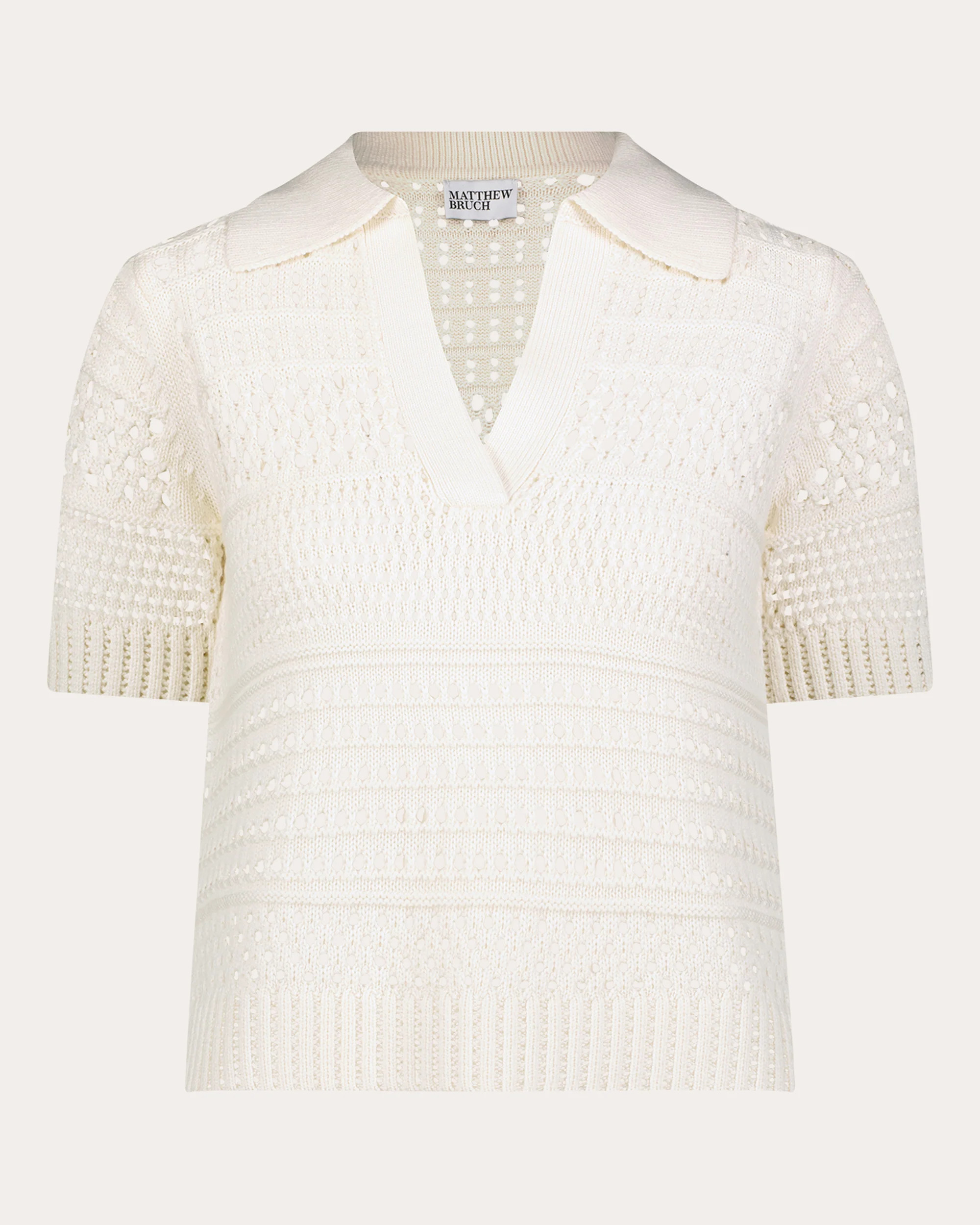 Matthew Bruch Women's Variegated Knit Mesh Polo Top in White Knit Wool/Viscose/Nylon | Olivela