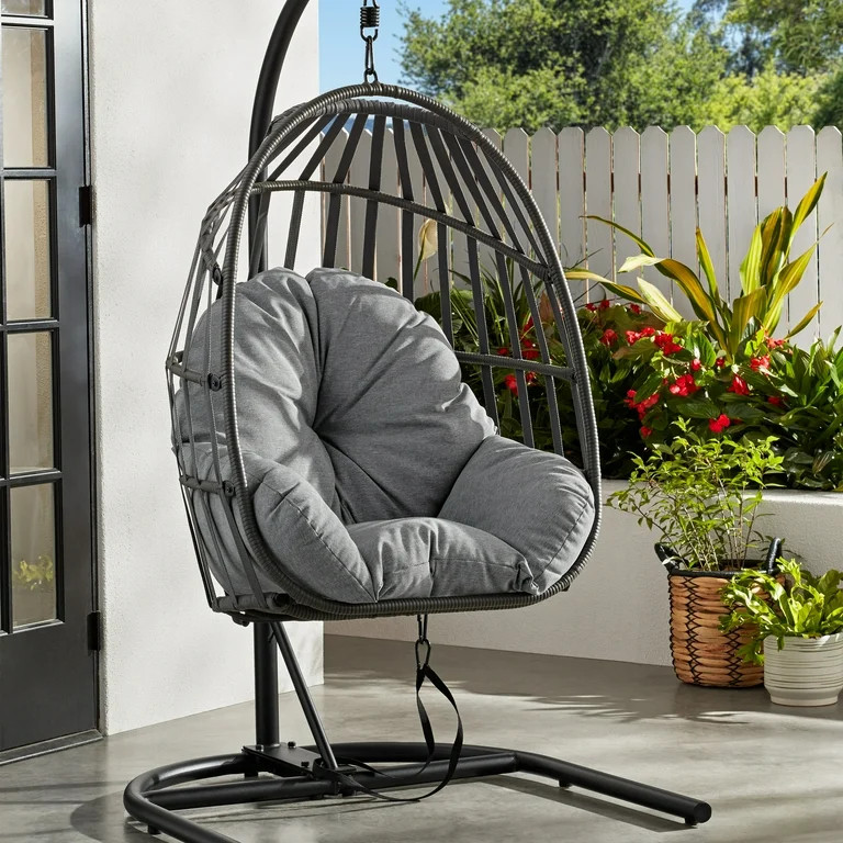 Mainstays Outdoor Wicker Hanging Egg Chair, Gray | Walmart (US)