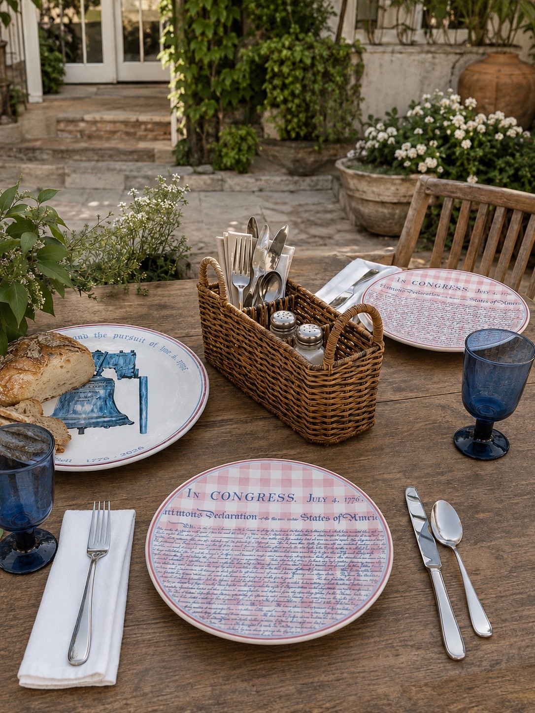 Americana Outdoor Entertaining 🇺🇸🤍💙

Nothing says summer gatherings quite like a beautifully styled outdoor table filled with patriotic charm. From the Declaration-inspired dinner plates to the Liberty Bell serving platter, every detail creates a nostalgic Americana feel that’s perfect for Fourth of July celebrations, backyard cookouts, and family dinners under the stars.

The woven utensil caddy, classic blue goblets, and rustic wood table add warmth and character, creating a welcoming space where memories are made and traditions are shared. These timeless pieces are ones you’ll reach for year after year.

Follow @farmtotablecreations on Instagram for more cozy, elevated home finds and seasonal entertaining inspiration. 🤍

#LTKHome #AmericanaDecor #FourthOfJulyDecor #PatrioticDecor #OutdoorEntertaining #SummerTablescape #AmericanaStyle #BackyardGatherings #PatrioticTablescape #HolidayHosting #OutdoorDining #SummerDecor #HomeDecorFinds #LTKStyle #FarmToTableCreations

#LTKSeasonal #LTKHome #LTKSaleAlert