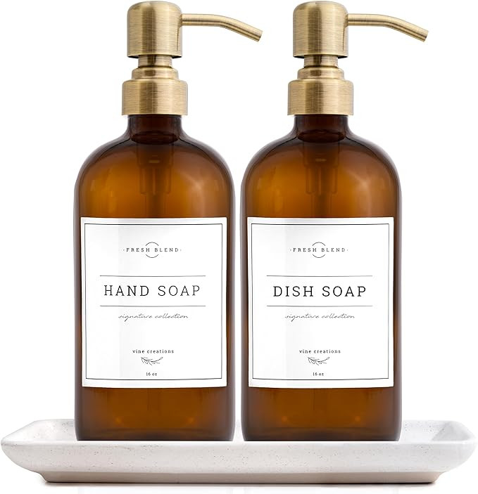 Vine Creations Amber Glass Soap Dispenser, 2 Pack Kitchen Soap Dispenser Set with Ceramic Tray, S... | Amazon (US)