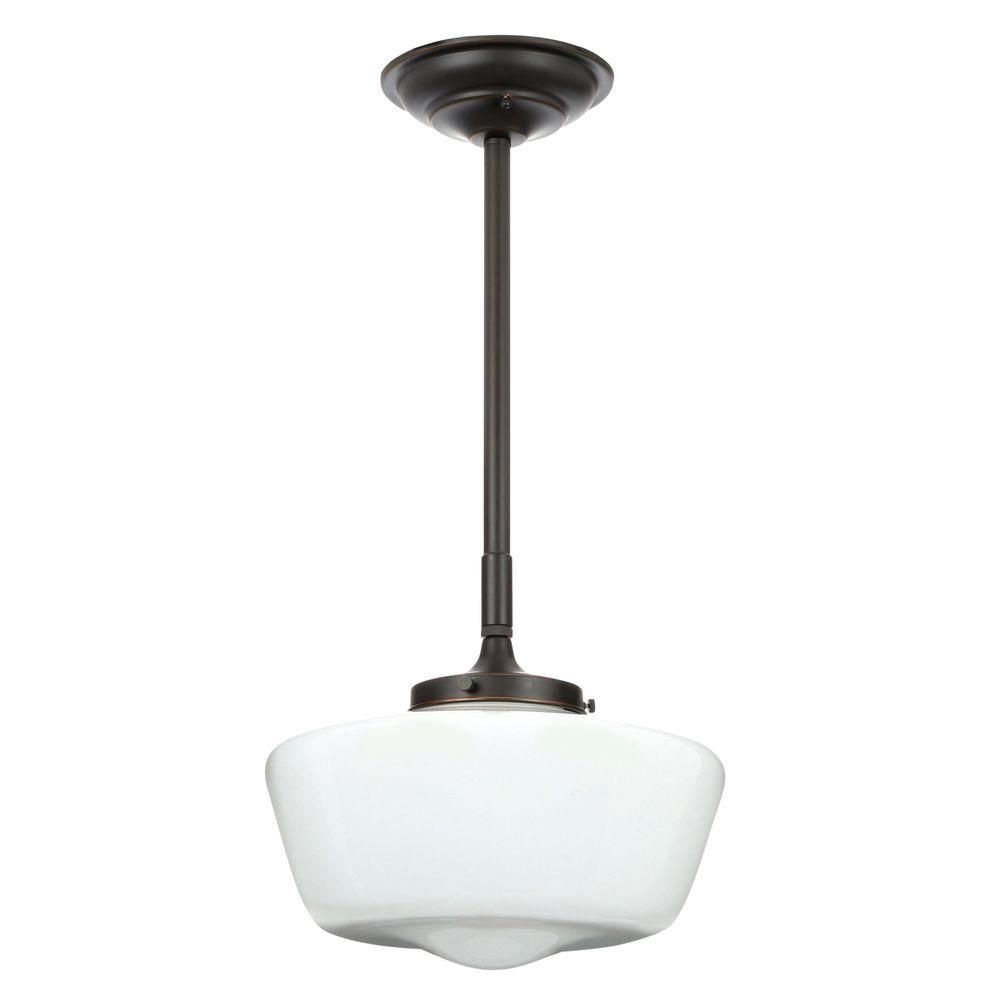 World Imports Luray Collection 1-Light Oil-Rubbed Bronze Pendant with Schoolhouse White Glass Shade- | Home Depot