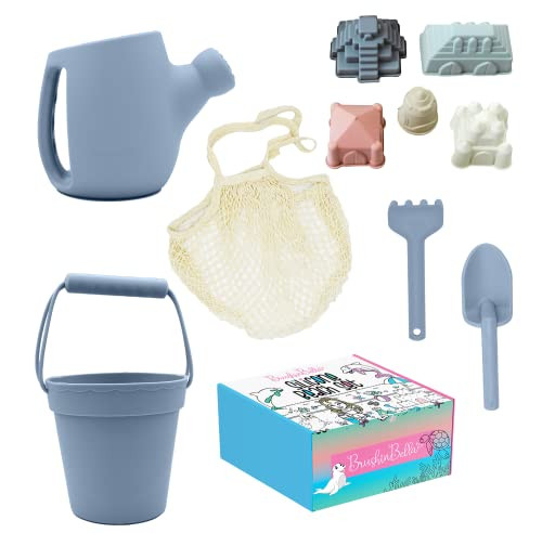 BrushinBella Silicone Beach Toys - Beach Bucket Set with Shovel, 4 Sand Molds - Travel-Friendly Kids Sand Toys in Net Carrying Bag - Safe Baby Sand Toys - Dishwasher-Safe (Ocean Blue) | Amazon (US)