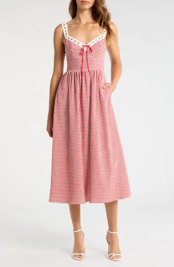 WAYF Lilibet Gingham Lace Trim Midi Dress | Nordstrom | Nordstrom