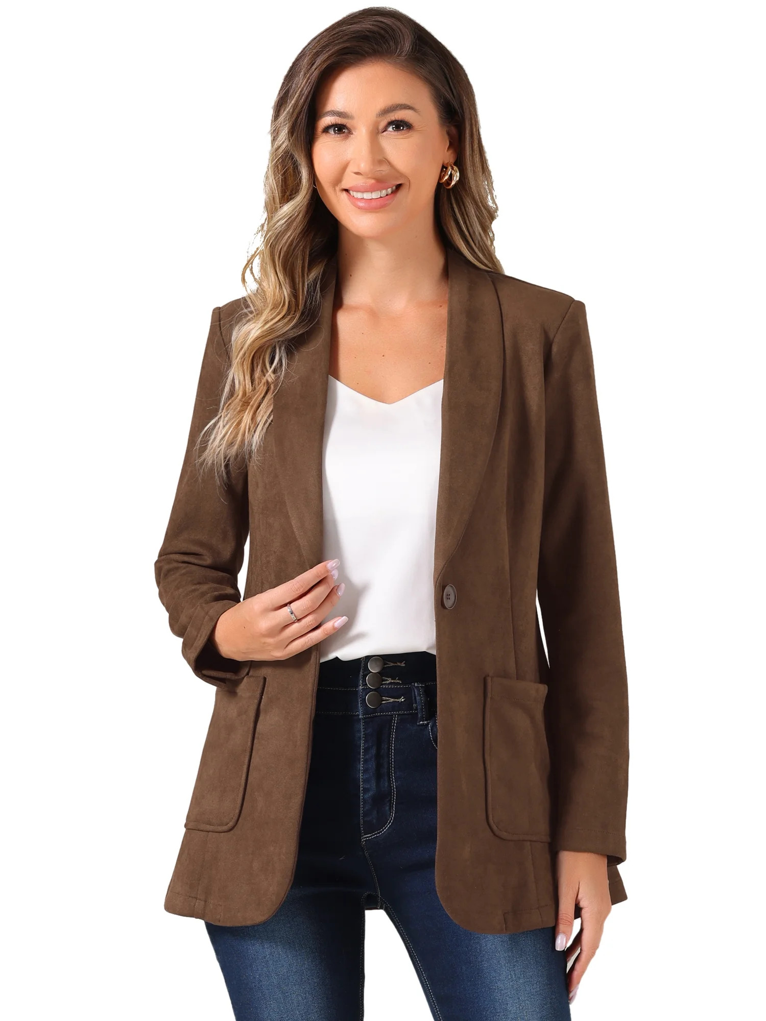 DARING DIVA Women's Faux Suede Blazer Lapel Collar Suit Jacket M Brown | Walmart (US)