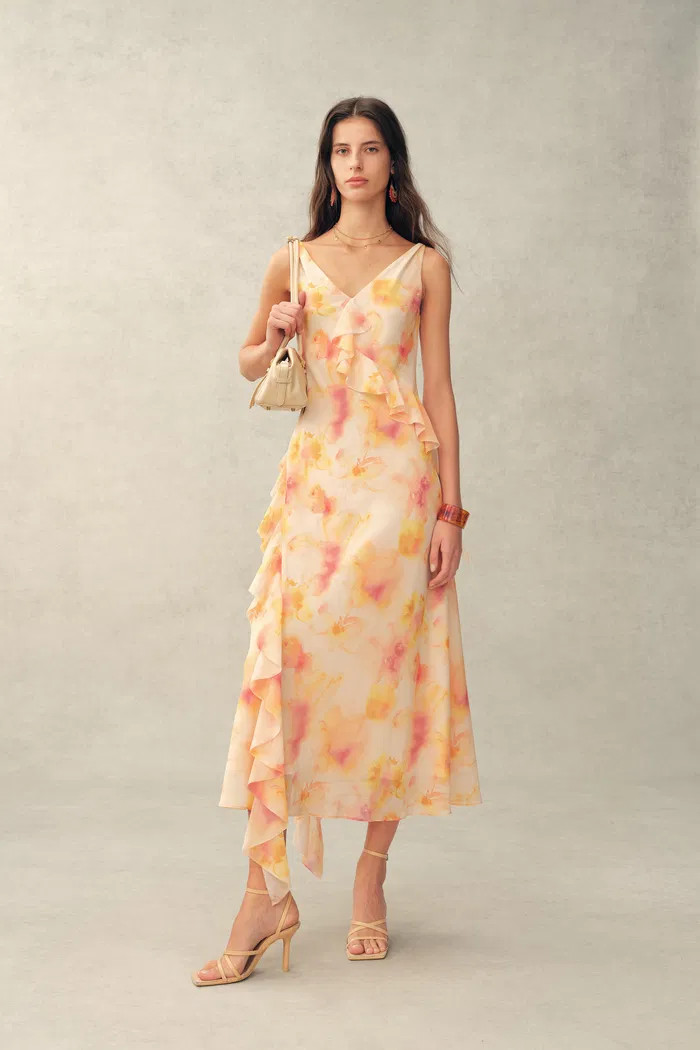 Linda Handpainted Floral Ruffle Sleeveless Dress in Lightweight Chiffo | Fabrique