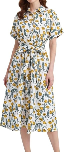 Womens Summer Floral Maxi Dress Short Sleeve V Neck Button Belt Casual Long Flowy Shirt Dress | Amazon (US)