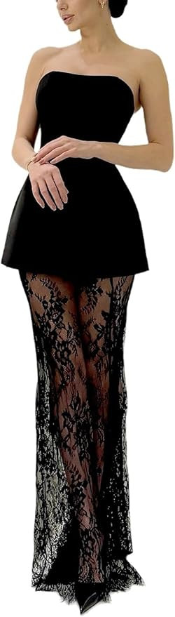 NIFTRIRY 2 Piece Sets for Women Sexy Tube Top with Lace Maxi Skirts Going Out Wedding Guest Outfi... | Amazon (US)