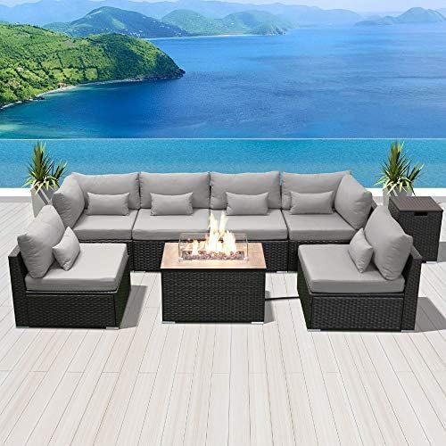 DINELI Patio Furniture Sectional Sofa with Gas Fire Pit Table Outdoor Patio Furniture Sets Propan... | Amazon (US)