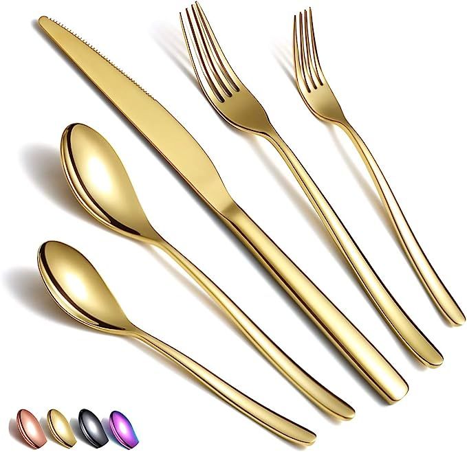 Gold Silverware Set 20 Pieces dinner plate pinch curtains curtain track amazon deals sales | Amazon (US)