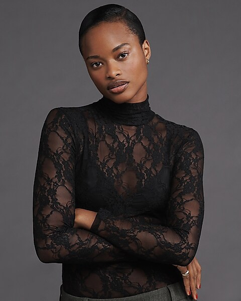 Sheer Lace Mock Neck Long Sleeve Bodysuit | Express