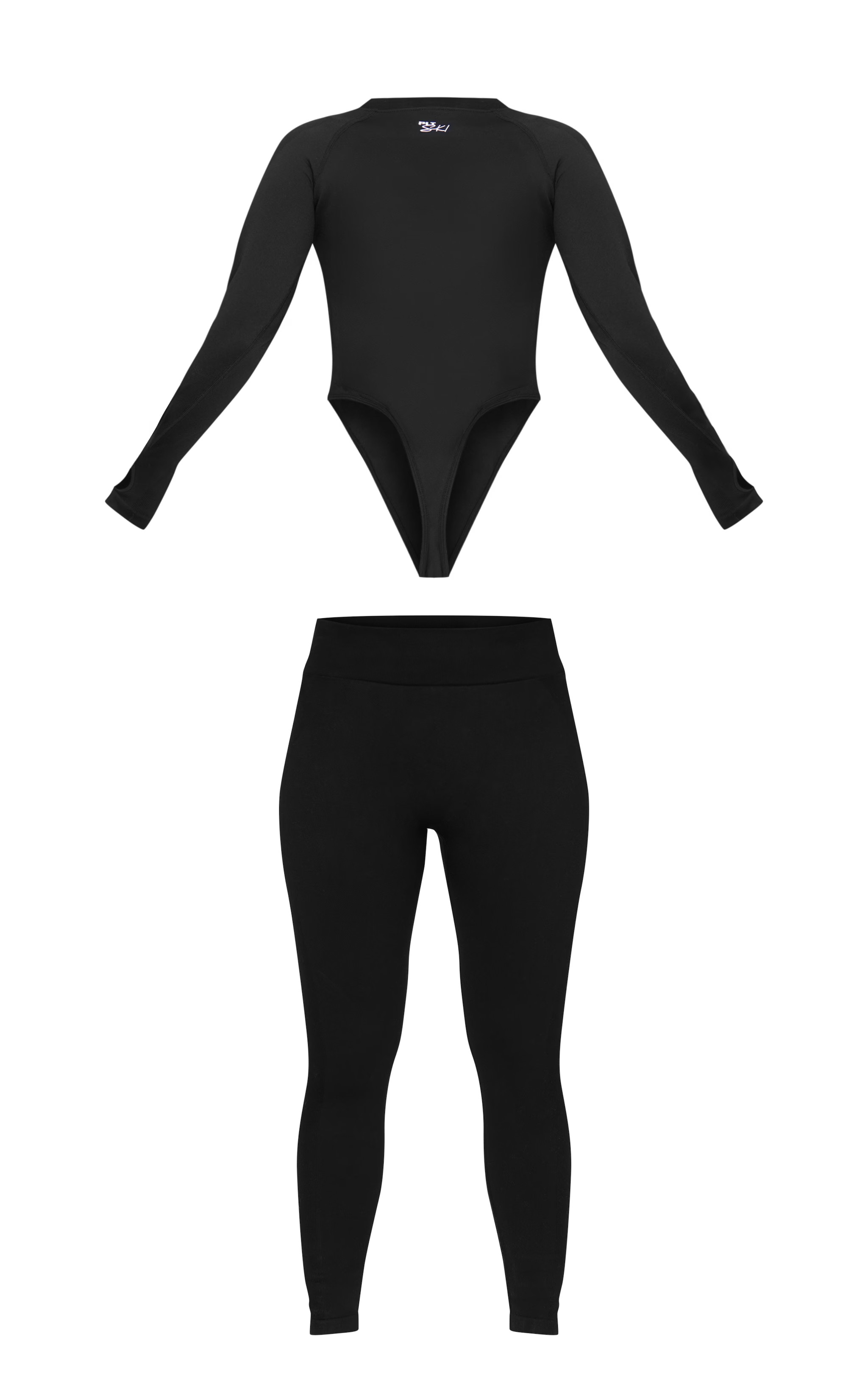 PLT SKI Black Contrast Rib Bodysuit Legging Set | Athleisure | PrettyLittleThing US