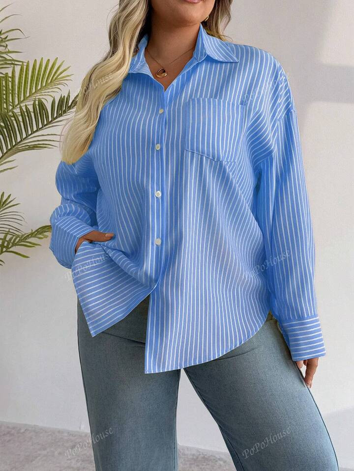 Plus Size Women's Striped And Solid Color Button Down Long Sleeve Shirt For Casual Office Commute, Spring/Summer | SHEIN