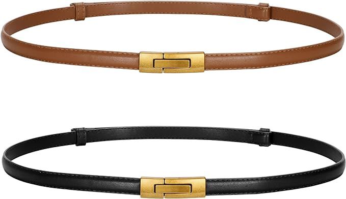 LEACOOLKEY Women Skinny Leather Belts Ladies Thin Waist Belts with Alloy Buckle for Dresses | Amazon (US)