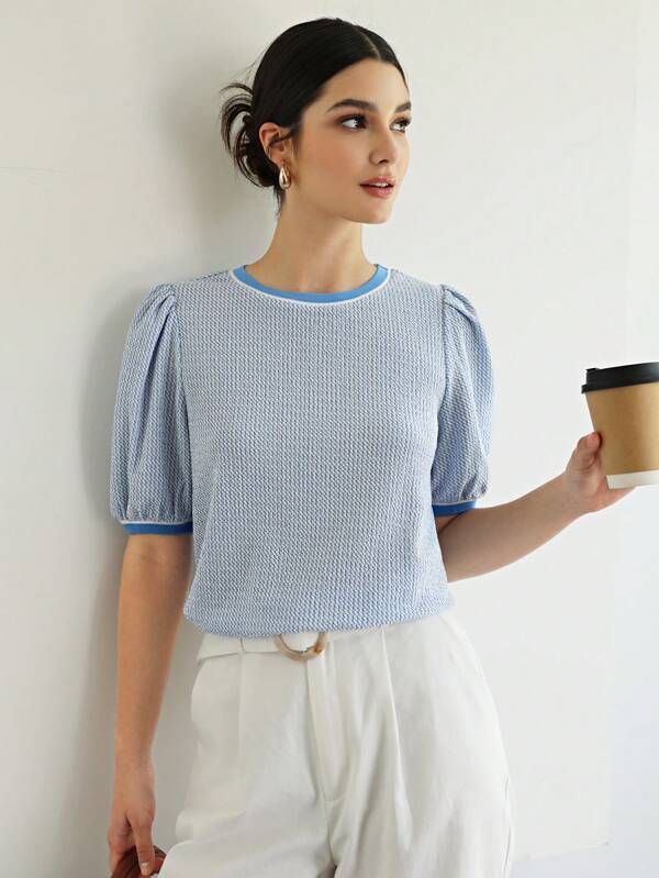 SHEIN BIZwear Contrast Trim Puff Sleeve Tee Workwear | SHEIN
