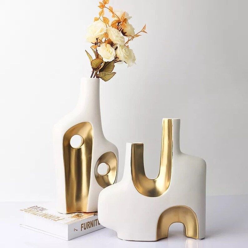 White and Gold Modern Luxury Ceramic Flower Vase|Glam Decor|Home Decor|bookcase Decor|Bedroom|Cen... | Etsy (US)