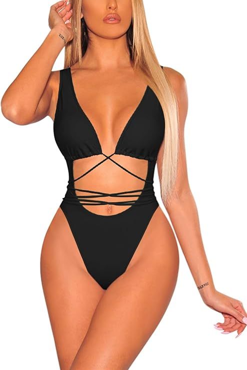 Pink Queen Women's Sexy One Piece Swimsuit Backless Bathing Suit Lace Up Bikini | Amazon (US)