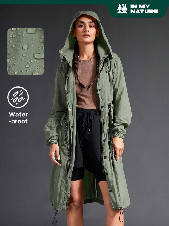 SHEIN In My Nature Women's Outdoor Long Waterproof Hooded Raincoat Jacket With Drawstring | SHEIN