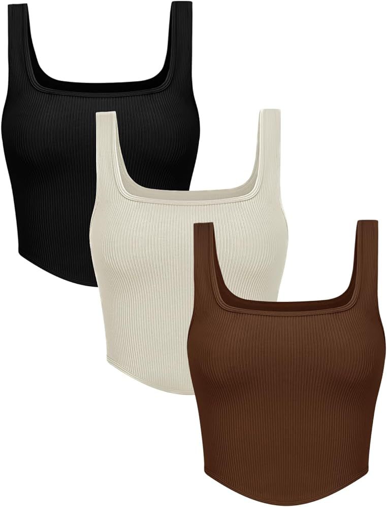 OLCHEE Womens 3 Pack Crop Tank Tops Sexy Seamless Ribbed Sleeveless Square Neck Corset Tops Summe... | Amazon (US)