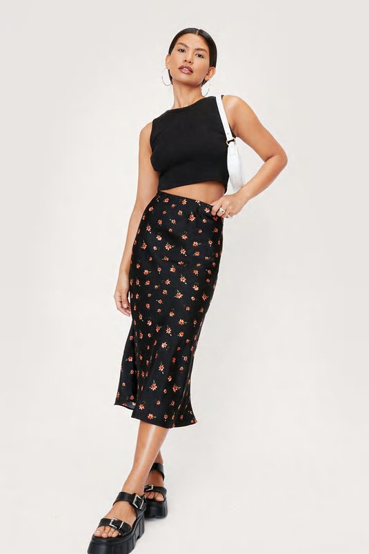 Floral Print Satin Bias Cut Midi Skirt | NastyGal (UK, IE)