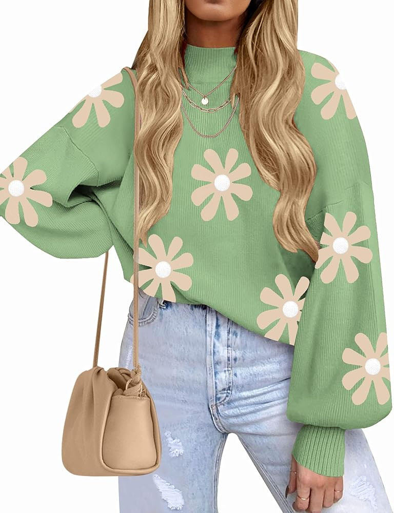 Women Sweaters 2023 Fall Long Sleeve Turtleneck Pullover Lantern Ribbed Knit Loose Crewneck Sweat... | Amazon (US)