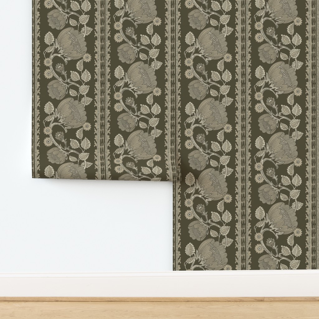 LG Grandmillennial dark neutral trailing floral & leaves stripe in brown Wallpaper | Spoonflower | Spoonflower