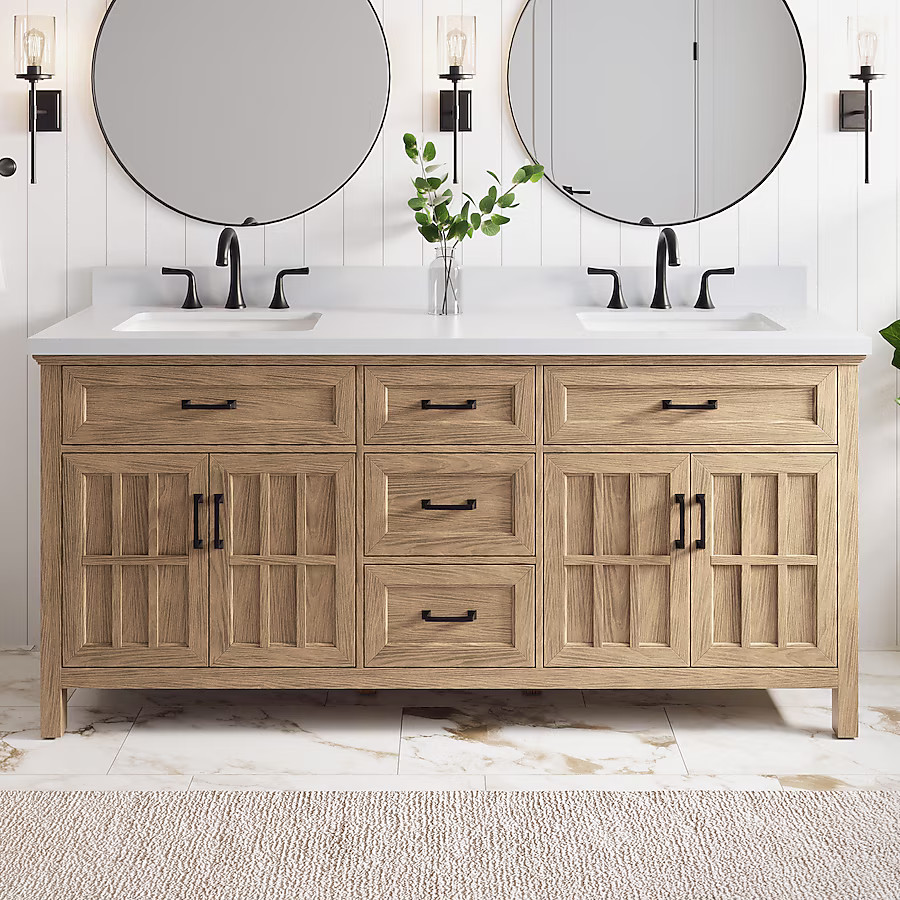 allen + roth Cantrell 72-in Clear Oak Undermount Double Sink Bathroom Vanity with White Engineere... | Lowe's