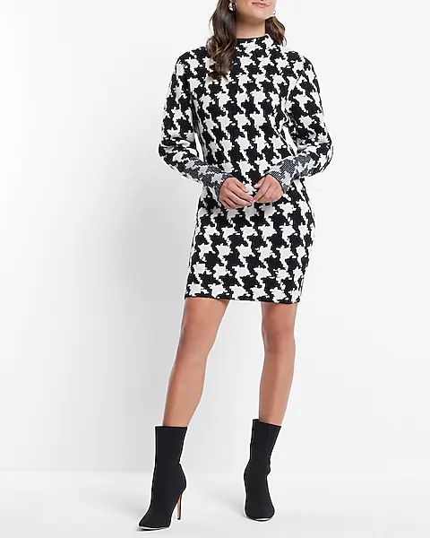 Houndstooth Mock Neck Padded Shoulder Sweater Dress | Express