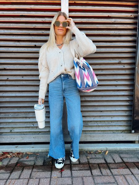 OOTD - cream cardigan- wide leg denim - sneakers - sunglasses - tote - TTS 