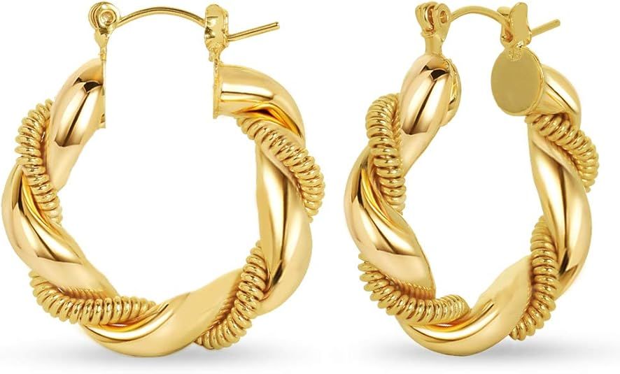 LILIE&WHITE Twisited Gold Chunky Hoop Earrings For Women 14K Gold Plated High Polished Lightweigh... | Amazon (US)