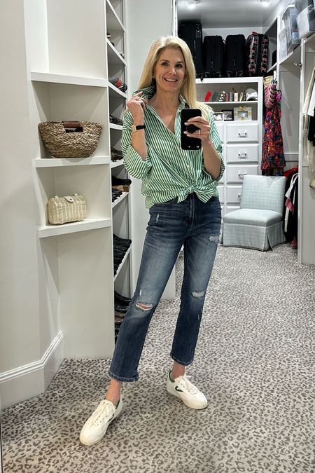 Nothing like a distressed jean and an untucked shirt tied on front. Weekend casual!
Jeans - 27
Short - S (oversized fit) 
Sneakers - TTS 

#LTKstyletip #LTKunder100 #LTKshoecrush