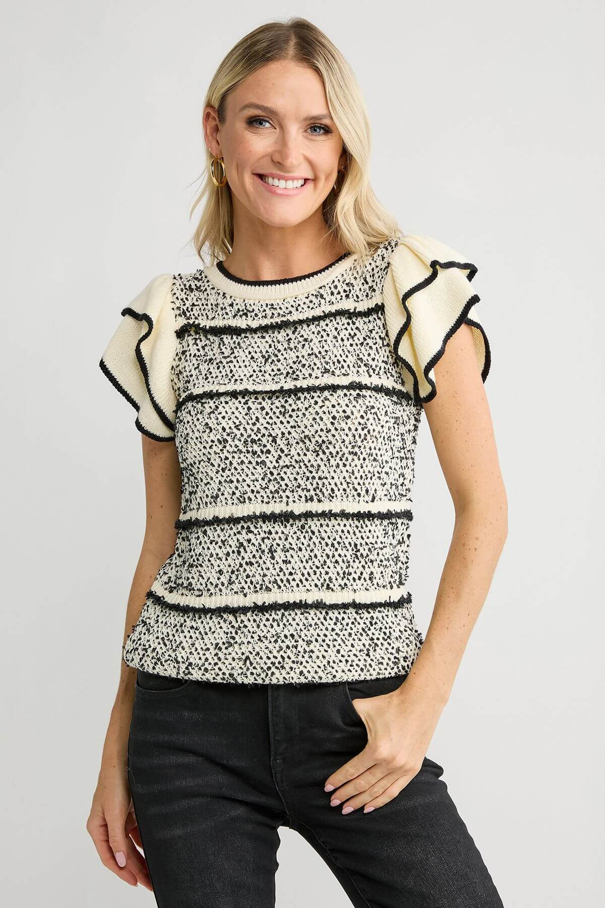 Skies Are Blue Ruffled Sleeve Striped Knit Top | Social Threads