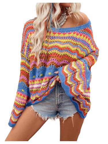 Floerns Women's Colorful Sweater Crochet Open Knit Long Sleeve Drop Shoulder Oversized Sweater Orange Multi Small | Amazon (US)