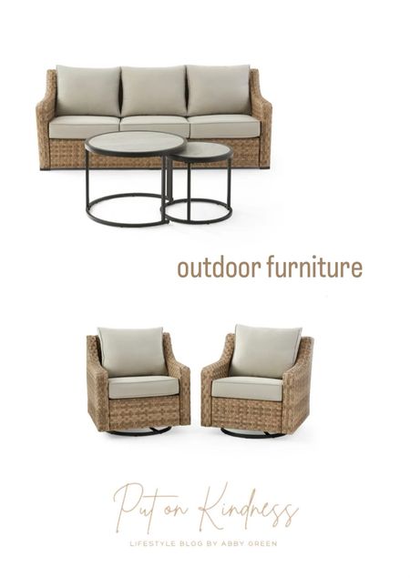 Better Homes & Gardens River Oaks 5-Piece Wicker Conversation Set. Outdoor patio furniture. Neutral tan outdoor cushions. 

#LTKfamily #LTKhome