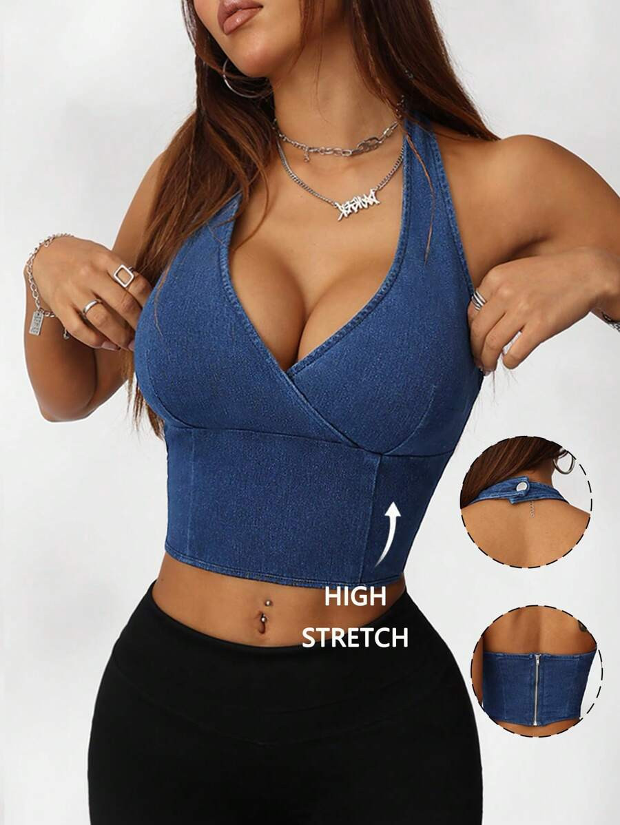 SHEIN EZwear Women's Denim Halterneck Casual Sexy Slim Fit Blue Top With Stretch | SHEIN