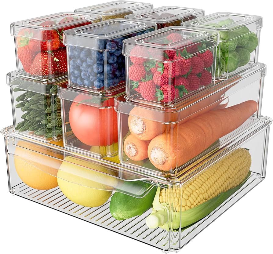 10 Pack Refrigerator Organizer Bins Stackable with Lids, Clear Fridge Organizers and Storage, Kit... | Amazon (US)