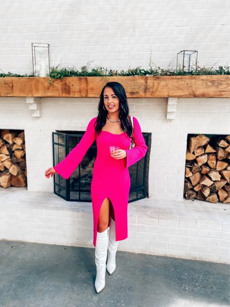 Under $45 amazon hot pink square neck midi dress (wearing a small, comes in 10+ colors), under $30 amazon western knee high boots (tts), under $20 amazon wide brim hat— love this look for the holidays or winter fashion! 🎄🌟 #founditonamazon 

#LTKHoliday #LTKunder50 #LTKshoecrush