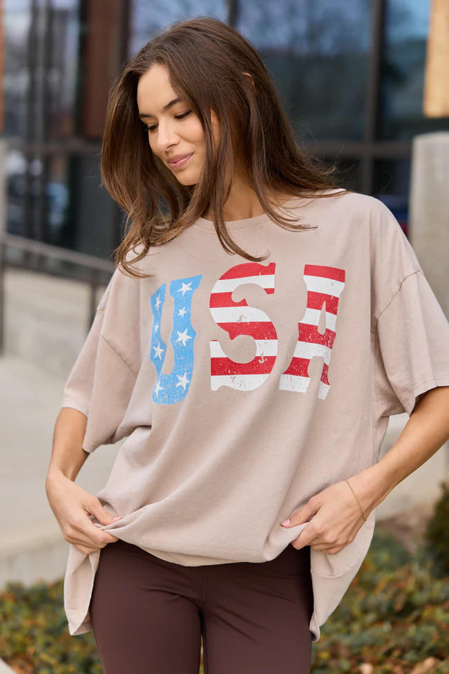 USA Taupe Oversized Graphic Tee SALE | Pink Lily