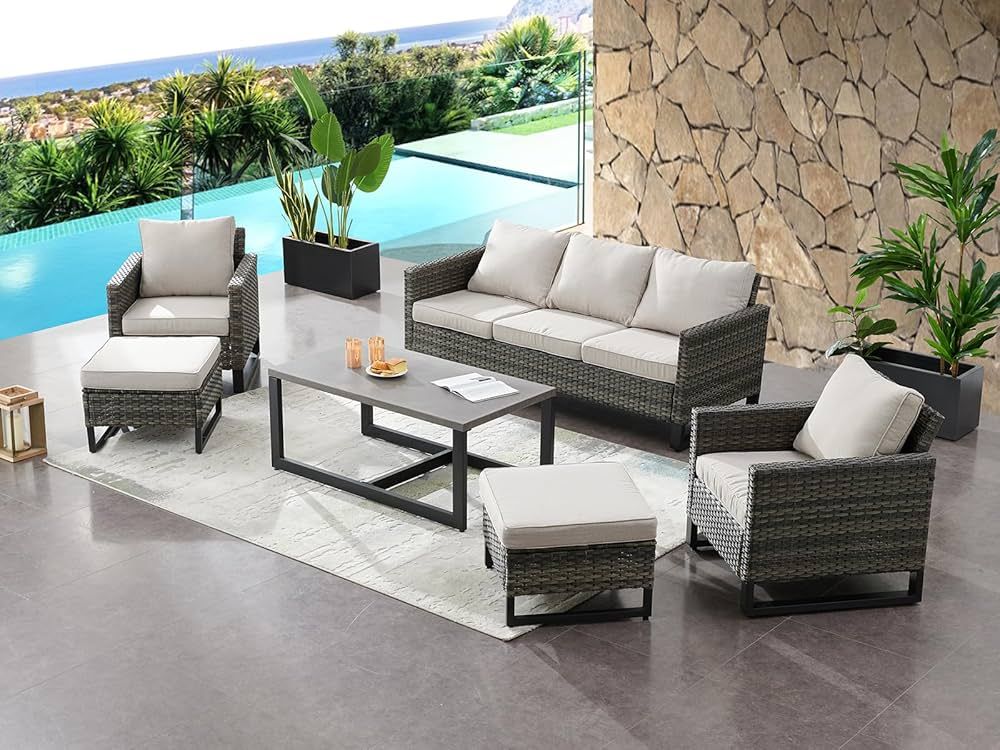 HUMMUH 6 Piece Patio Furniture All Weather Wicker Outdoor Sectional Sofa,High Back Patio Chairs,C... | Amazon (US)