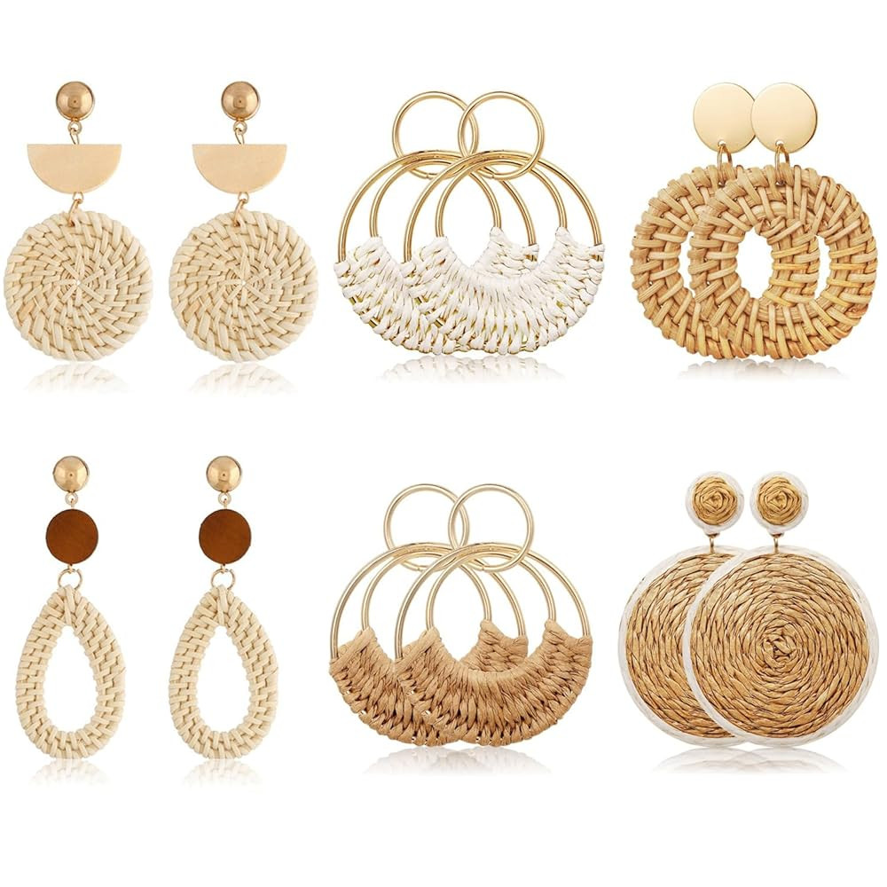 4 Pairs Rattan Earrings for Lightweight Geometric Personalized Earrings Handmade Straw Wicker Bra... | Amazon (US)