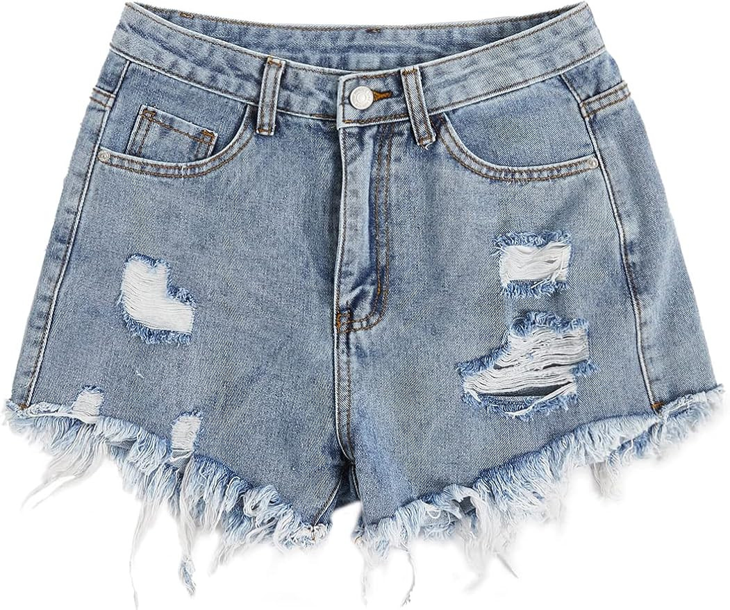WDIRARA Women's High Waisted Raw Hem Distressed Ripped Casual Denim Shorts | Amazon (US)