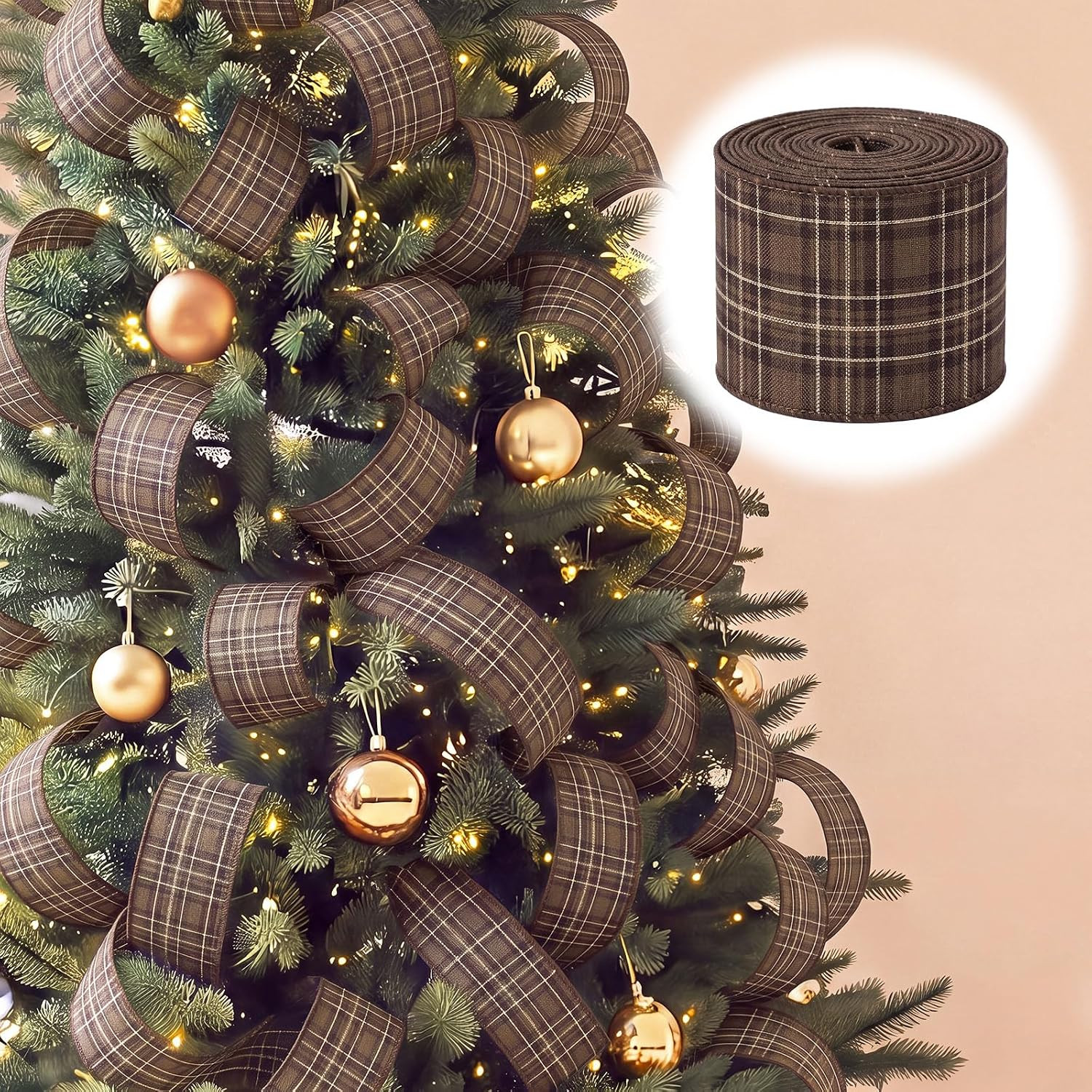 Fanfanwin Fall Tartan Plaid Ribbon, Brown Gingham Wired Ribbon, 2.5'' x 13Y | Amazon (US)