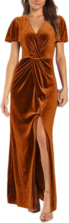 Simplee Women's Twist Front V Neck Velvet Maxi Dress Short Sleeve Fall Wedding Guest Long Semi Fo... | Amazon (US)
